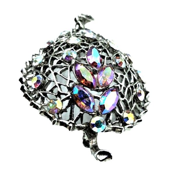 Vintage Rhinestone Leaf Brooch Domed Pin Pink Aurora Borealis Costume Jewelry - Picture 5 of 8